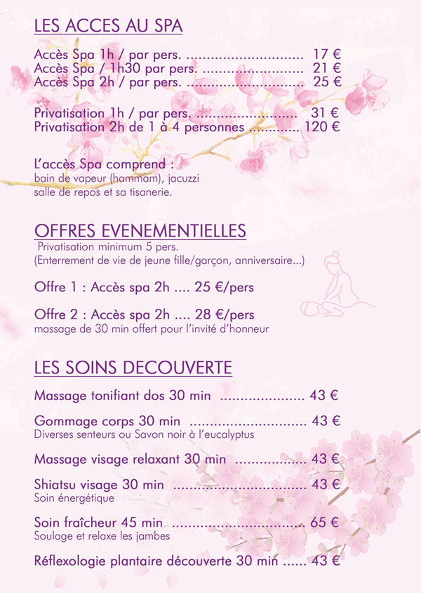 Tarifs Accès Spa privatisé ou en groupe offres et promo accès spa 1 heure 15 € offre événementielle groupe enterrement de vie de jeune fille, soins découverte massage tonifiant gommage visage