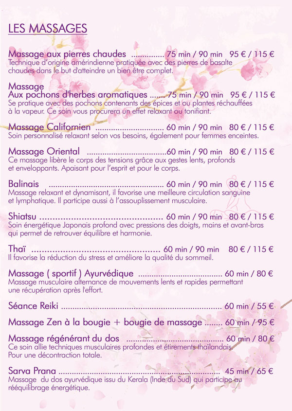 Tarifs salon de massage Annecy Seynod Spa massage aux pierres chaudes aux pochons d'herbes aromatiques, shiatsu, massage ayurvédique régénérant, séance reiki énergétique maud armand