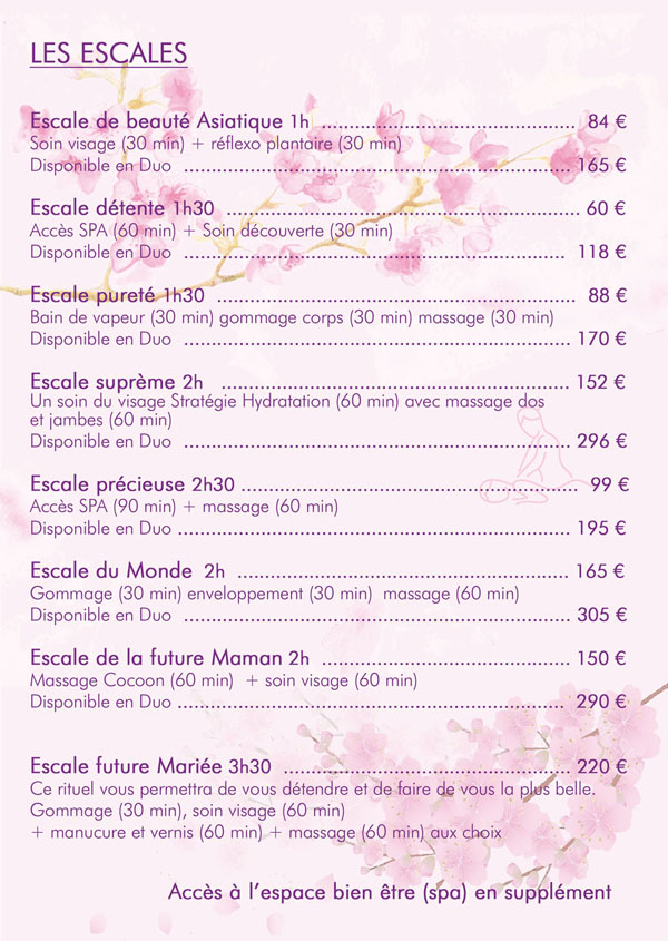 Tarifs forfait spa massage soins corps et visage bain de vapeur, gommage corps + massage détente stratégie hydratation de la peau, massage dos et jambe disponible en duo ou solo soin visage