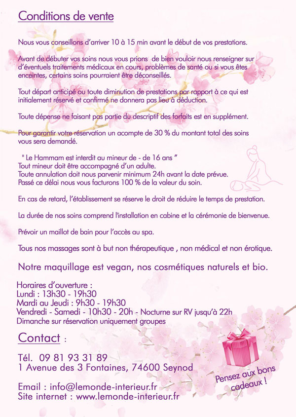 Conditions de vente produits cosmétiques prestations produits cosmétiques bio vegan ou naturels, massage non thérapeutique non médical et non érotique, spa annecy 1 rue des 3 fontaines maud armand