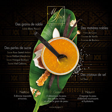 Nettoyage de la peau soins du visage MySpa noix de coco, gousse de vanille écorce de boulot cristaux de sel sucre nettoie et raffraichit la peau